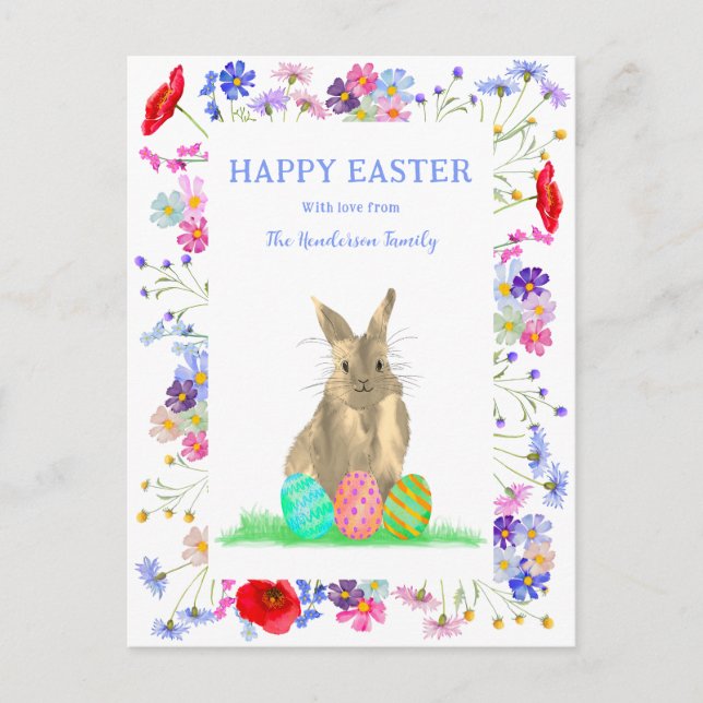 Happy Easter Cute Bunny and Eggs Boho Floral Holiday Postcard (Front)