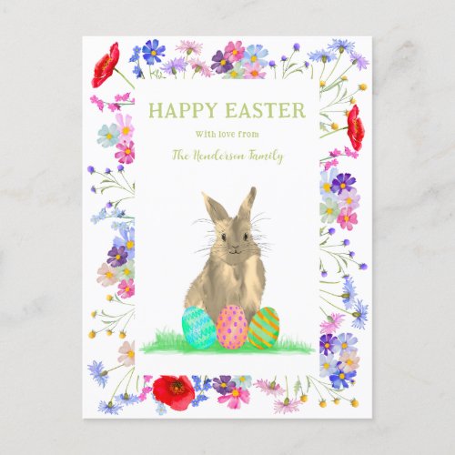 Happy Easter Cute Bunny and Eggs Boho Floral Holiday Postcard