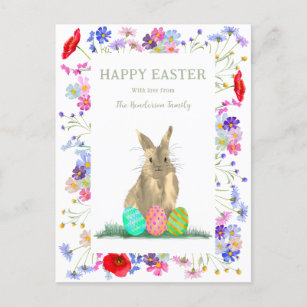 Happy Easter Cute Bunny and Eggs Floral Holiday Postcard