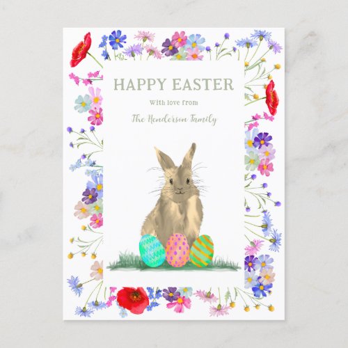 Happy Easter Cute Bunny and Eggs Floral Holiday Postcard