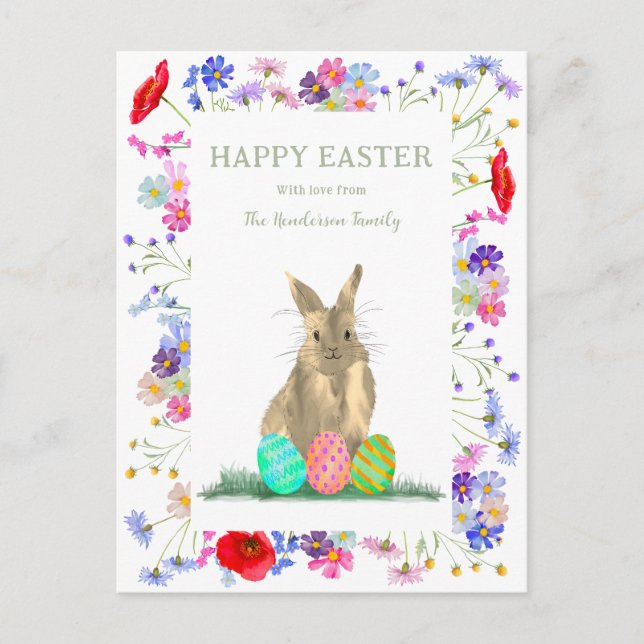 Happy Easter Cute Bunny and Eggs Floral Holiday Postcard (Front)