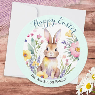 Happy Easter Cute Bunny and Flowers Personalized Holiday Card