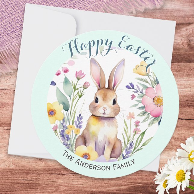 Happy Easter Cute Bunny and Flowers Personalized Holiday Card (A cute, personalized Easter card, with watercolor-style rabbit and Spring flowers)
