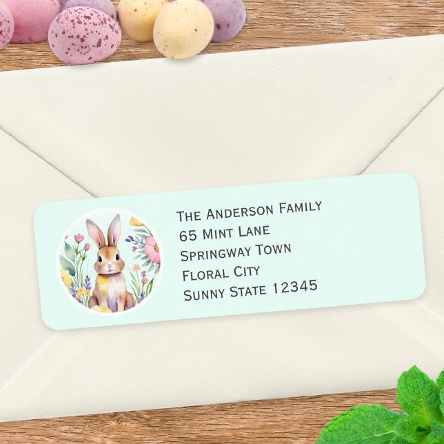 Happy Easter Cute Bunny and Flowers Personalized Label (A return address label illustrated with the Easter bunny with flowers in a watercolor style)