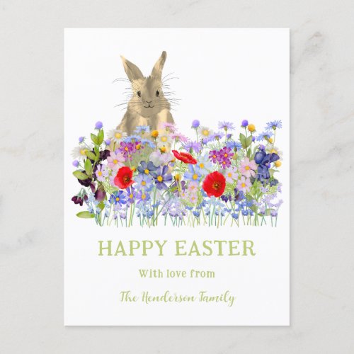 Happy Easter Cute Bunny and Spring Florals Holiday Postcard