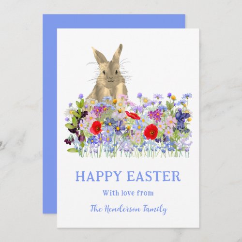 Happy Easter Cute Bunny and Wildflowers Holiday Card