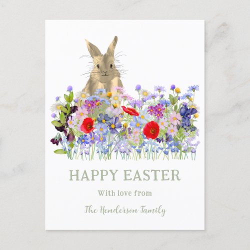 Happy Easter Cute Bunny and Wildflowers Holiday Postcard