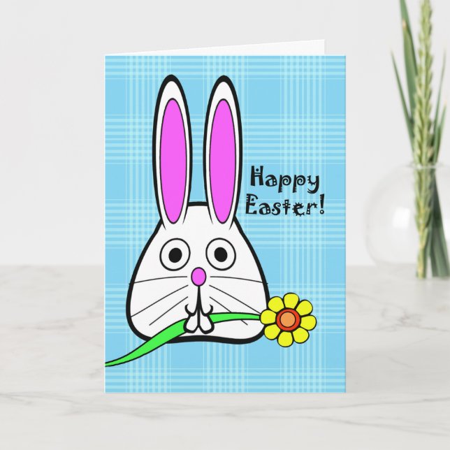 Happy Easter!, Cute Bunny and Yellow Flower Holiday Card (Front)