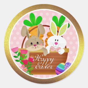Happy Easter, Cute Bunny Basket & Colorful Eggs Classic Round Sticker