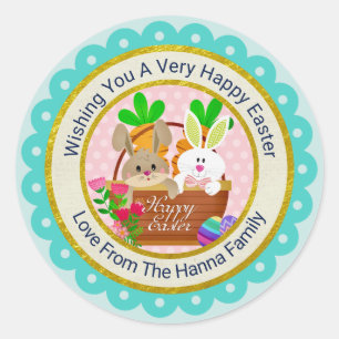 Happy Easter, Cute Bunny Basket & Colorful Eggs Classic Round Sticker