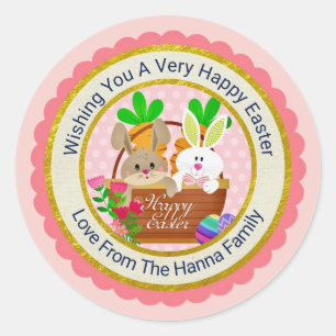 Happy Easter, Cute Bunny Basket & Colorful Eggs Classic Round Sticker
