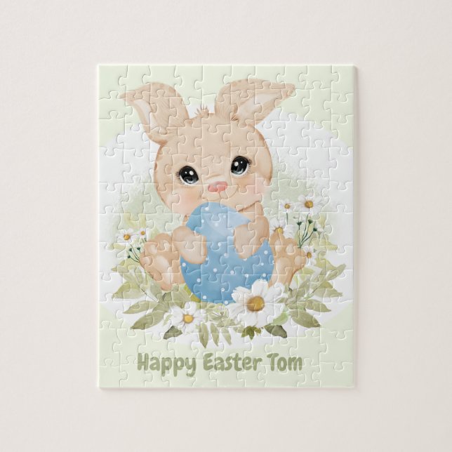 Happy Easter Cute Bunny Blue Egg Personalized Name Jigsaw Puzzle (Vertical)