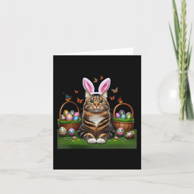 Happy Easter Cute Bunny Cat Eggs Basket Easter Cat Card (Front)