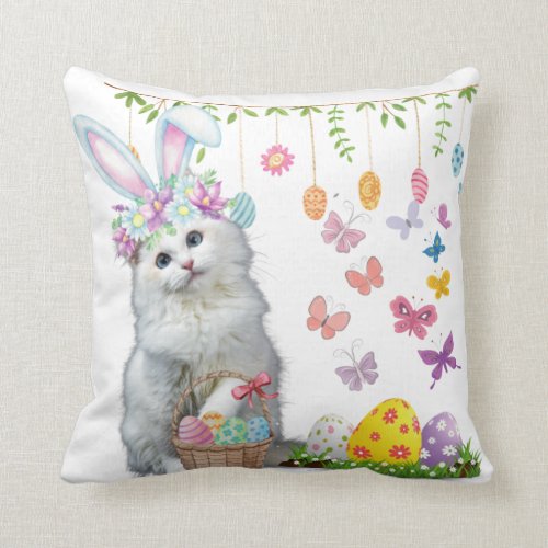 Happy Easter Cute Bunny Cat Eggs Basket  Throw Pillow