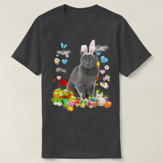 Happy Easter Cute Bunny Cat Russian Blue Eggs Bask T-Shirt (Design Front)