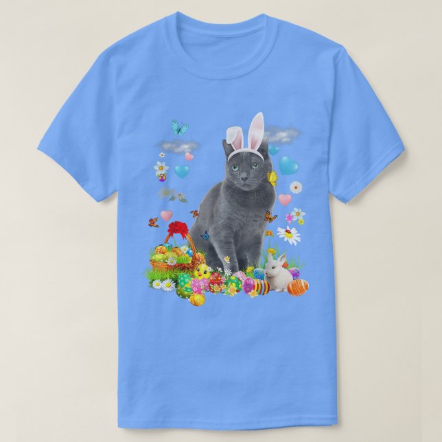 Happy Easter Cute Bunny Cat Russian Blue Eggs Bask T-Shirt (Design Front)