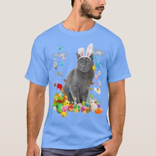 Happy Easter Cute Bunny Cat Russian Blue Eggs Bask T_Shirt