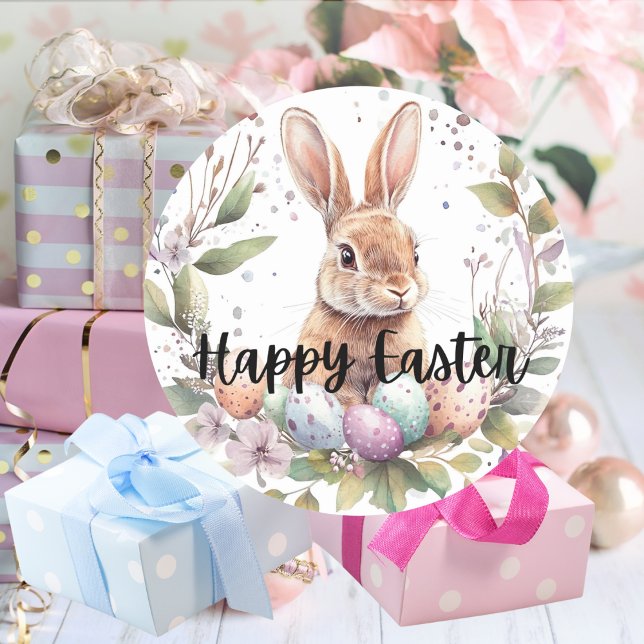 Happy Easter Cute Bunny  Classic Round Sticker (Happy Easter Cute Bunny Classic Round Sticker Mockup 1)
