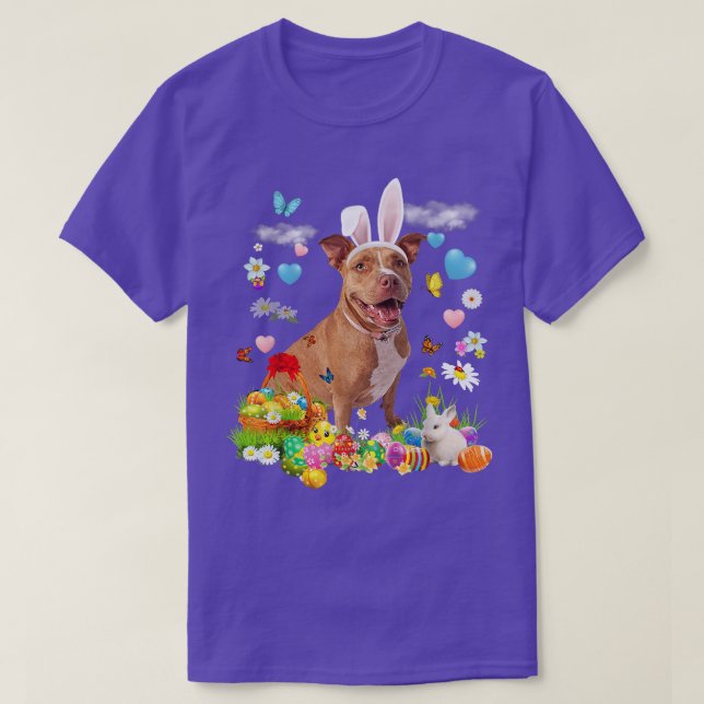 Happy Easter Cute Bunny Dog Pitbull Eggs Basket Fu T-Shirt (Design Front)