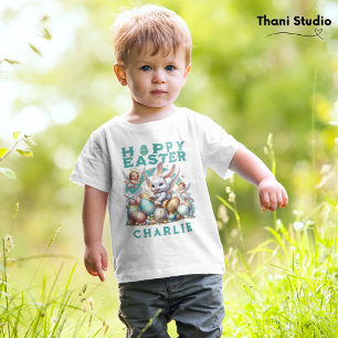 Happy Easter Cute Bunny & Eggs Customizable Name Baby T-Shirt