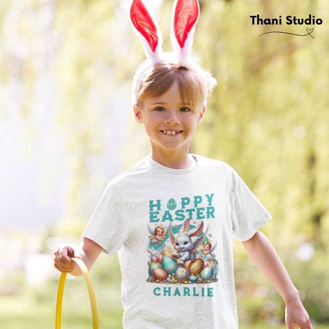 Happy Easter Cute Bunny & Eggs Customizable Name T-Shirt (Creator Uploaded)