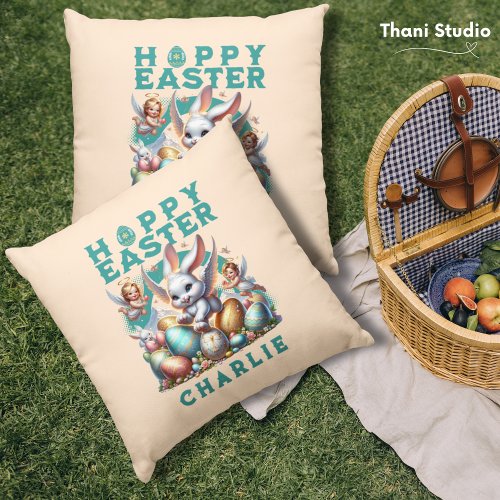 Happy Easter Cute Bunny  Eggs Customizable Name Throw Pillow