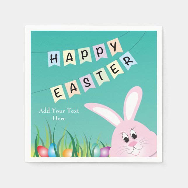 Happy Easter Cute Bunny & Eggs Paper Napkins (Front)