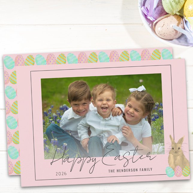 Happy Easter Cute Bunny Family Photo Pink Holiday Card (Modern Watercolor Easter bunny and eggs happy Easter photo holiday flat card)