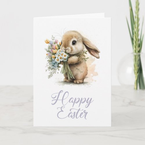 Happy Easter Cute Bunny Flowers Photo Holiday Card