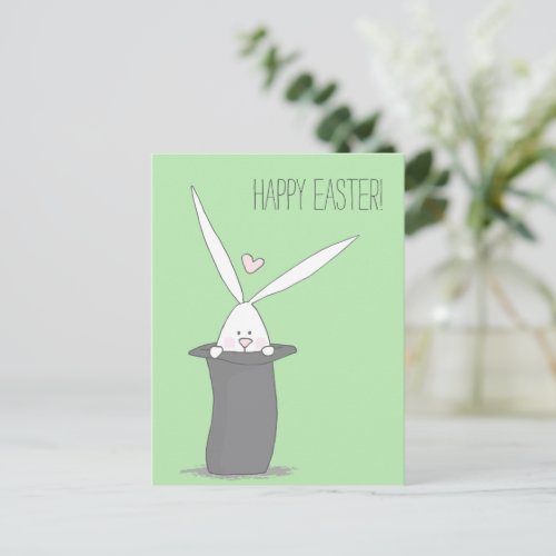 Happy Easter Cute Bunny in a Top Hat _ Green Postcard