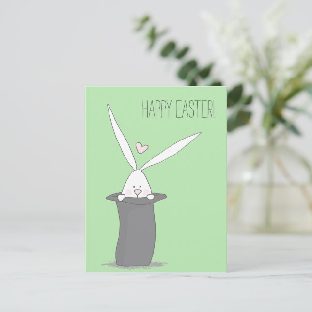 Happy Easter! Cute Bunny in a Top Hat - Green Postcard (Standing Front)
