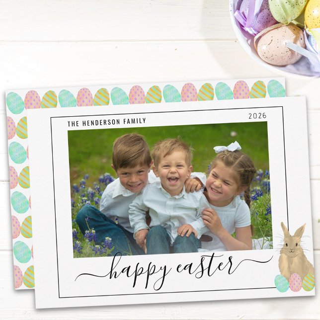 Happy Easter Cute Bunny Kids Photo Holiday Card (Watercolor cute Easter bunny kids photo holiday flat card Whimsical elegant modern script)