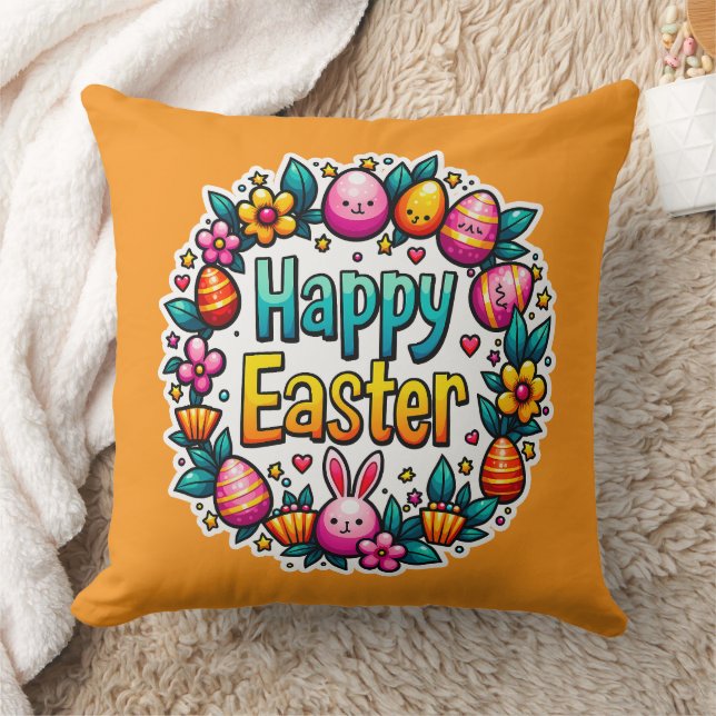 Happy Easter – Cute Bunny Lettering almofada Throw Pillow (Blanket)