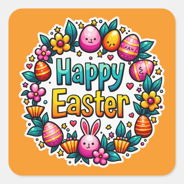 Happy Easter – Cute Bunny Lettering Autocolante Square Sticker (Front)