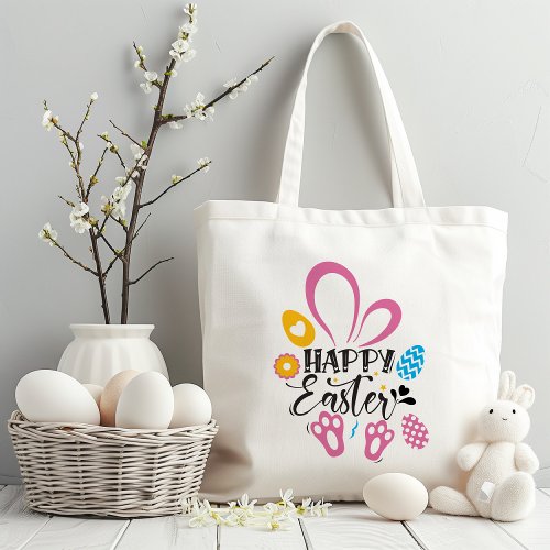 Happy Easter Cute Bunny Long Ears Hunt Eggs Floral Tote Bag
