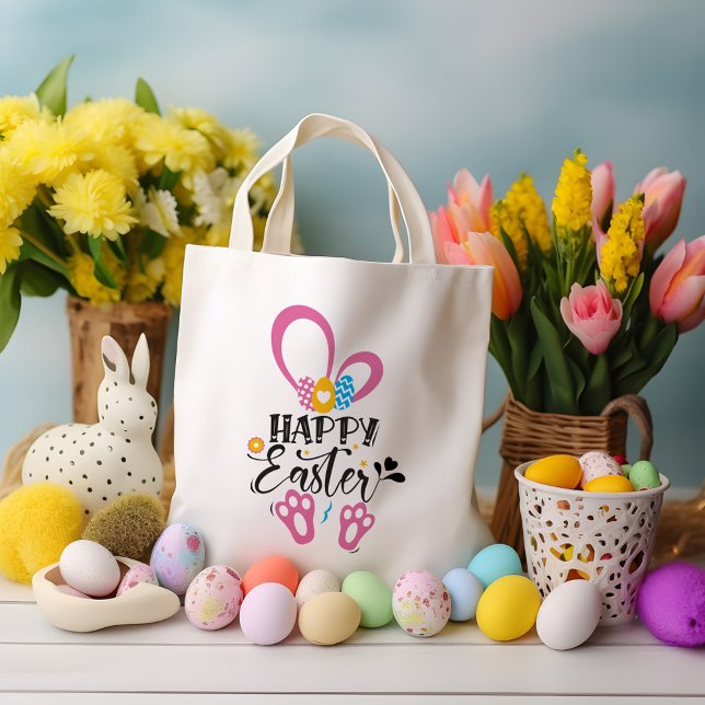 Happy Easter Cute Bunny Long Ears Hunt Eggs Floral Tote Bag (Creator Uploaded)