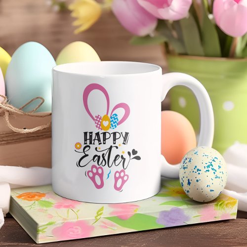 Happy Easter Cute Bunny Long Ears Hunt Eggs Floral Two_Tone Coffee Mug