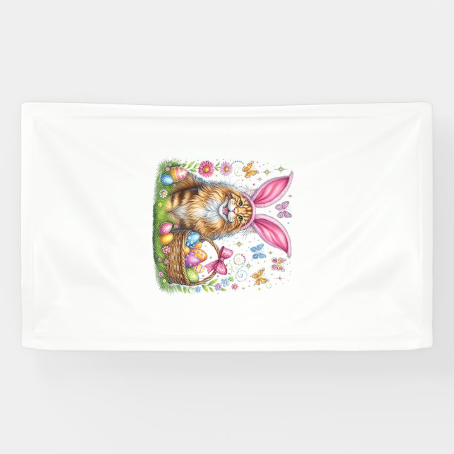 Happy Easter Cute Bunny Maine Coon Cat Easter Eggs Banner (Horizontal)