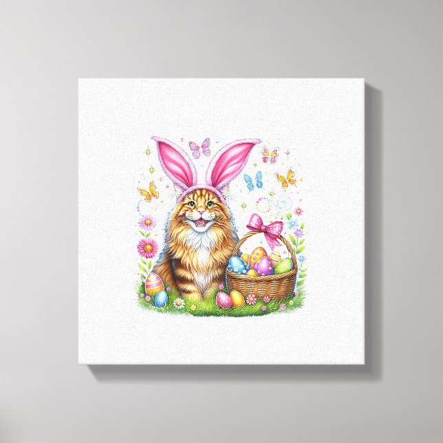 Happy Easter Cute Bunny Maine Coon Cat Easter Eggs Canvas Print (Front)