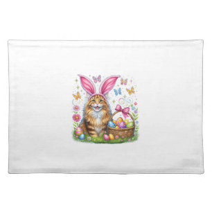 Happy Easter Cute Bunny Maine Coon Cat Easter Eggs Cloth Placemat