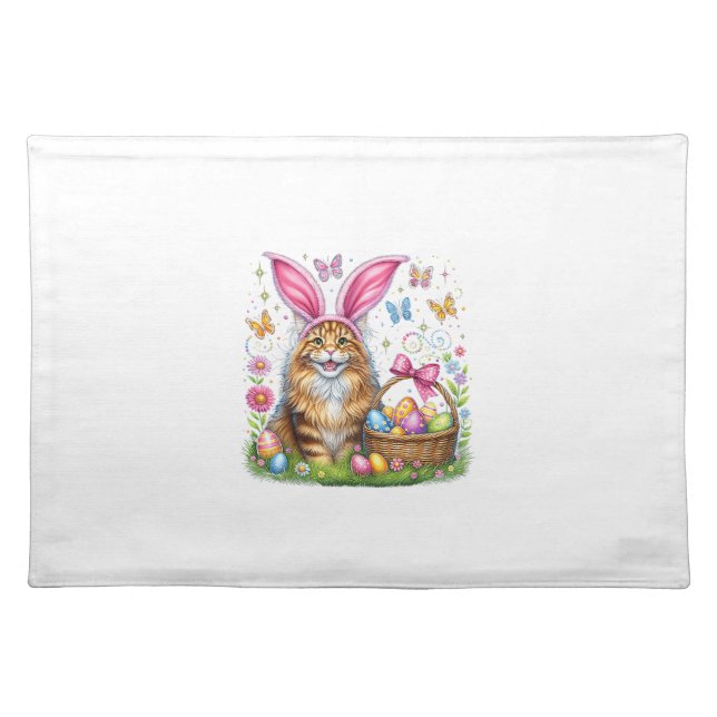 Happy Easter Cute Bunny Maine Coon Cat Easter Eggs Cloth Placemat (Front)
