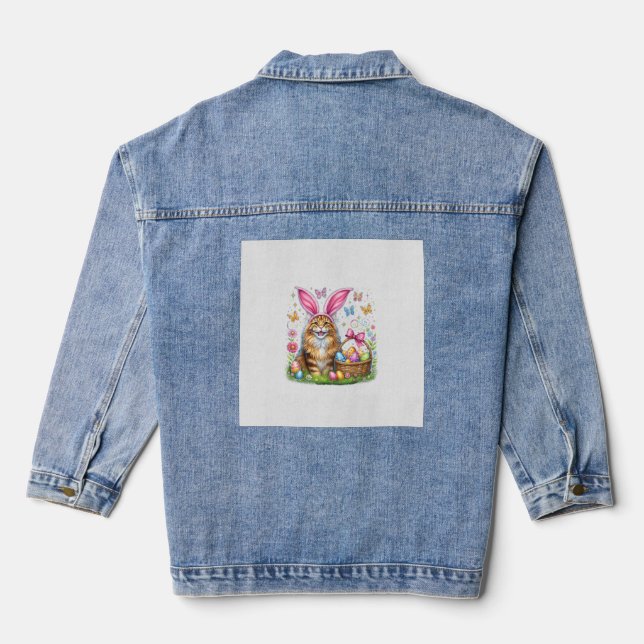 Happy Easter Cute Bunny Maine Coon Cat Easter Eggs Denim Jacket (Back)