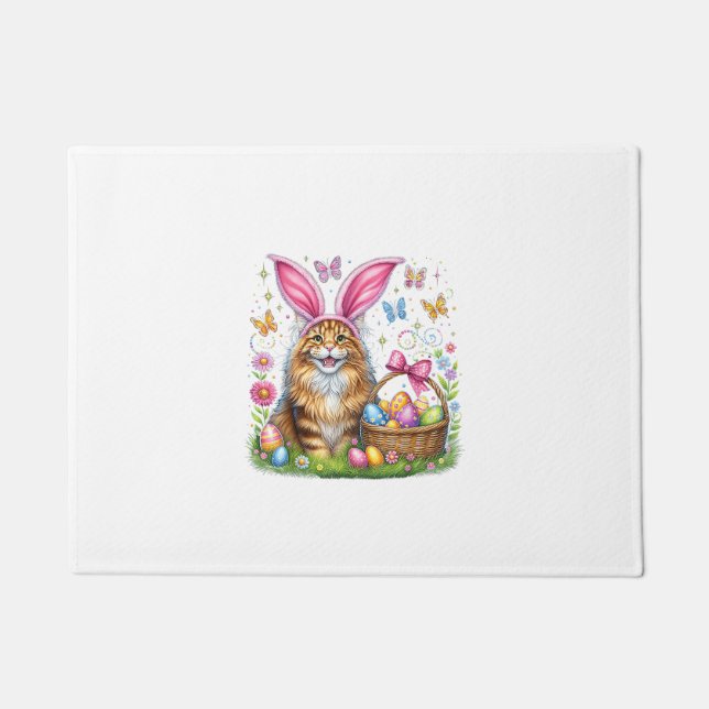Happy Easter Cute Bunny Maine Coon Cat Easter Eggs Doormat (Front)