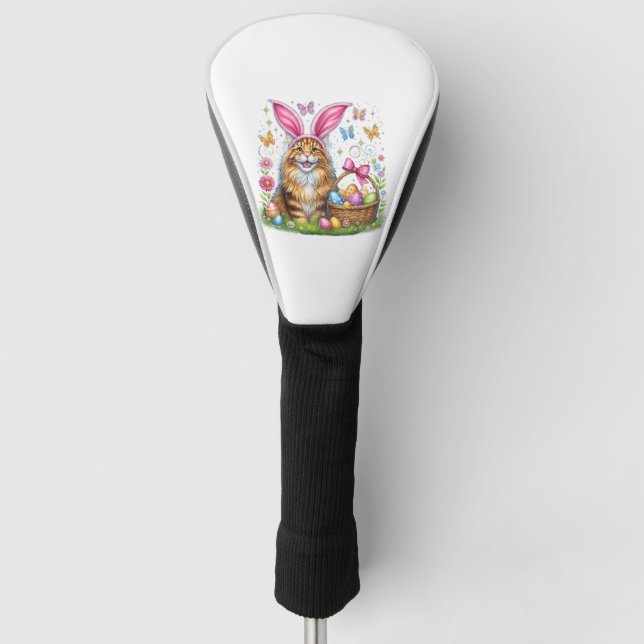 Happy Easter Cute Bunny Maine Coon Cat Easter Eggs Golf Head Cover (Front)