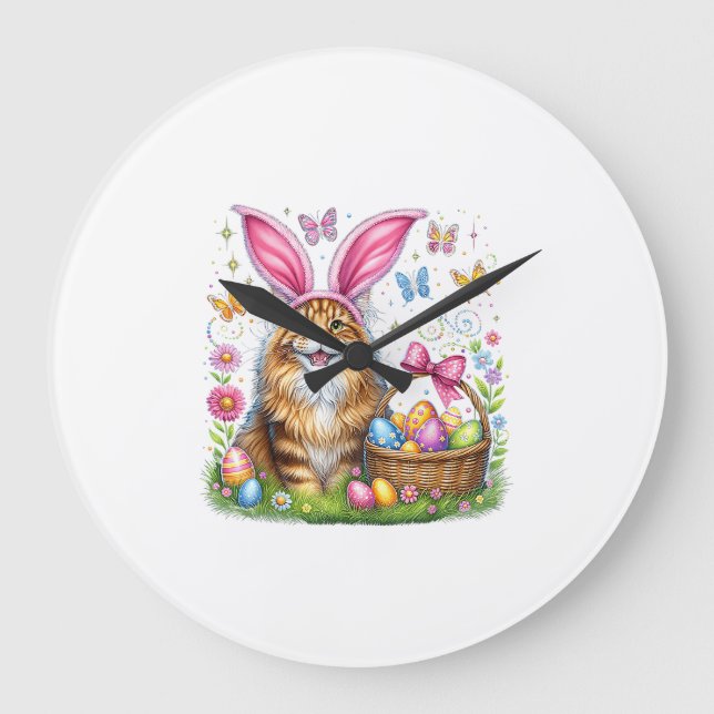 Happy Easter Cute Bunny Maine Coon Cat Easter Eggs Large Clock (Front)