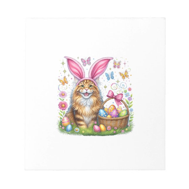 Happy Easter Cute Bunny Maine Coon Cat Easter Eggs Notepad (Front)