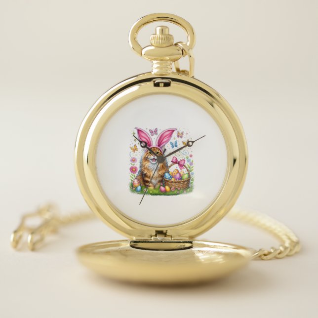 Happy Easter Cute Bunny Maine Coon Cat Easter Eggs Pocket Watch (Inside)