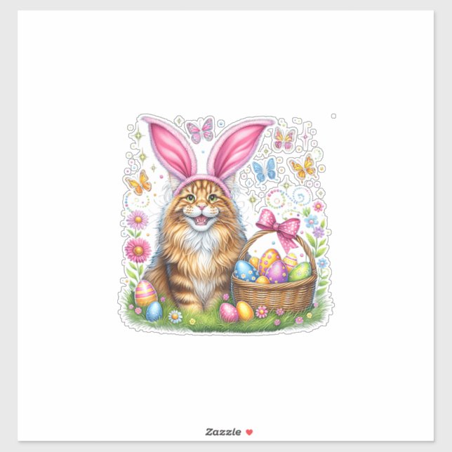 Happy Easter Cute Bunny Maine Coon Cat Easter Eggs Sticker (Sheet)