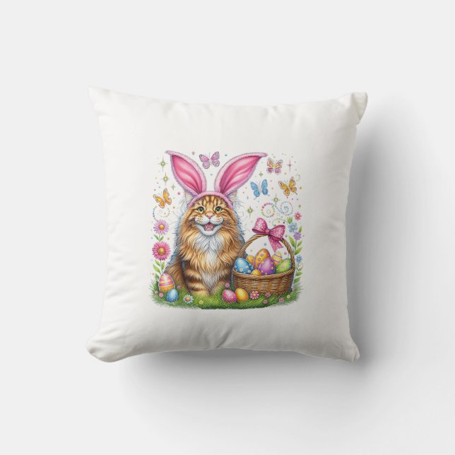 Happy Easter Cute Bunny Maine Coon Cat Easter Eggs Throw Pillow (Front)
