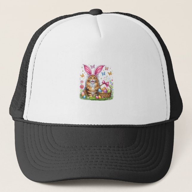 Happy Easter Cute Bunny Maine Coon Cat Easter Eggs Trucker Hat (Front)
